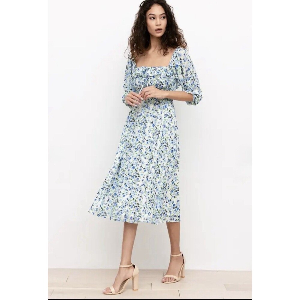 Yumi Kim Boho Floral Dress Farmhouse Western Festival Midi Sz S White Blue $248